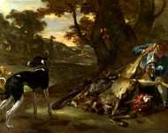 Jan Baptist Weenix - A Huntsman cutting up a Dead Deer, with Two Deerhounds